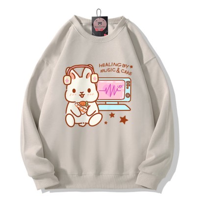 HEILUNG DURCH MUSIK KUCHEN Musik hören Hasen-Grafik Rundhals-Sweatshirt - Light Beige - 5XL - image 3