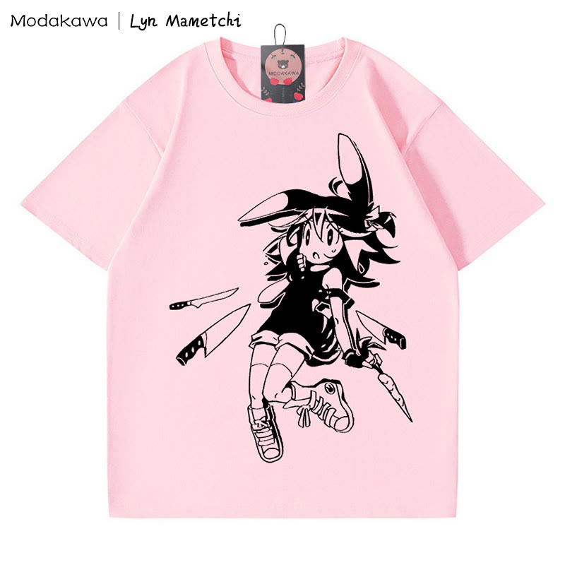 MODAKAWA X Lyn Mametchi T-Shirt mit „Knives Fly Toward Girl“-Print - Rosa - 5XL - image 5