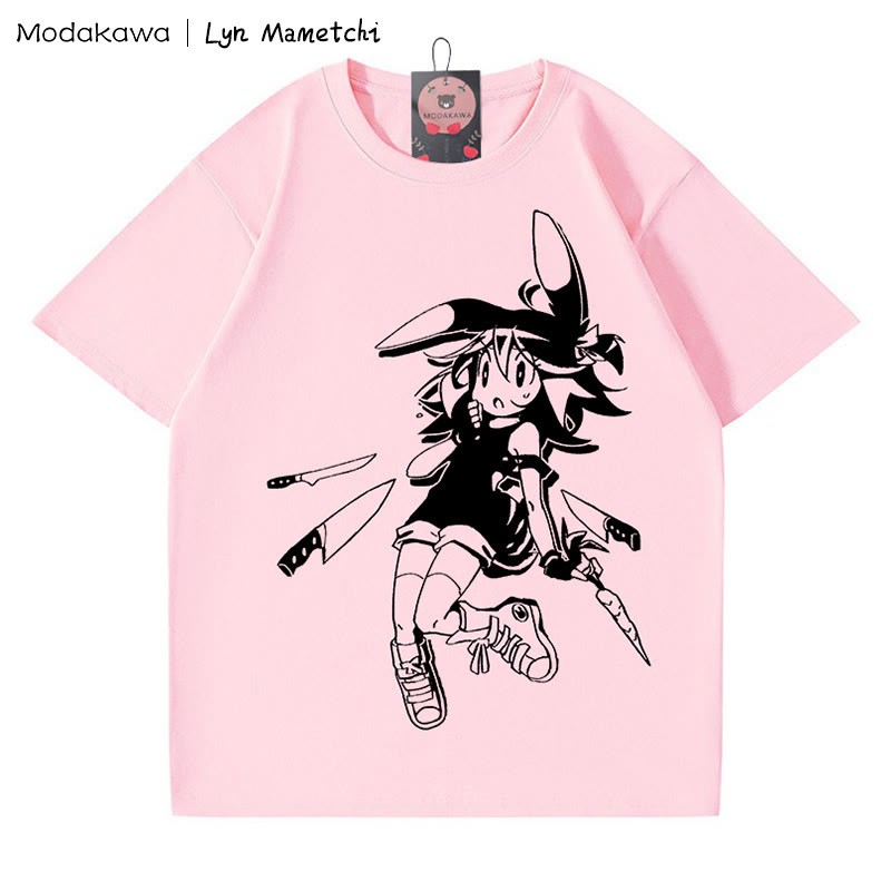 MODAKAWA X Lyn Mametchi T-Shirt mit „Knives Fly Toward Girl“-Print - Rosa - 5XL - image 5