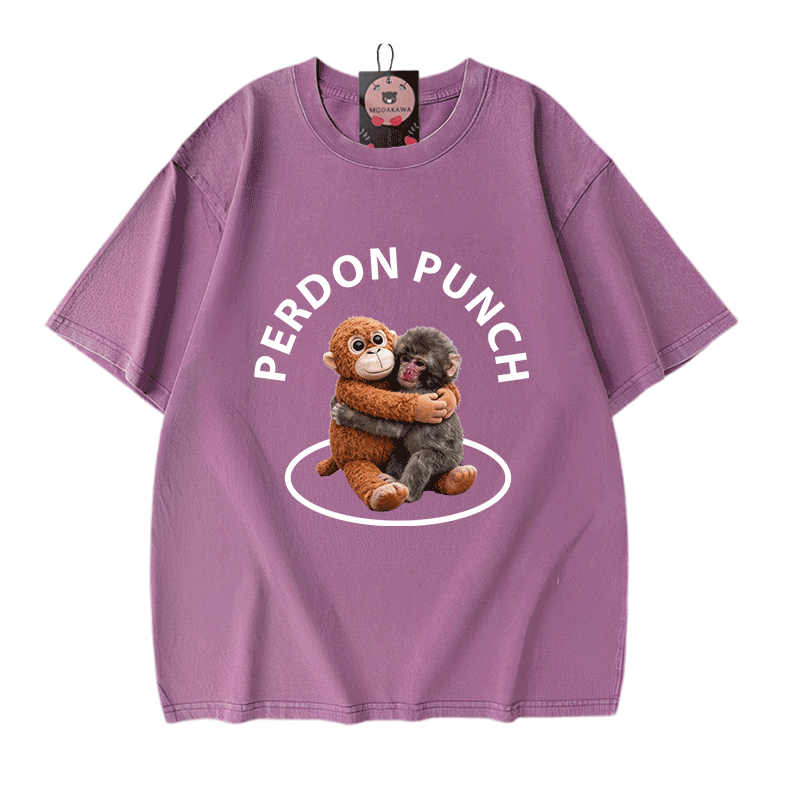 PERDON PUNCH Umarmungsaffen-Grafik Modakawa Unisex Vintage Washed T-Shirt - Purple - 5XL - image 4