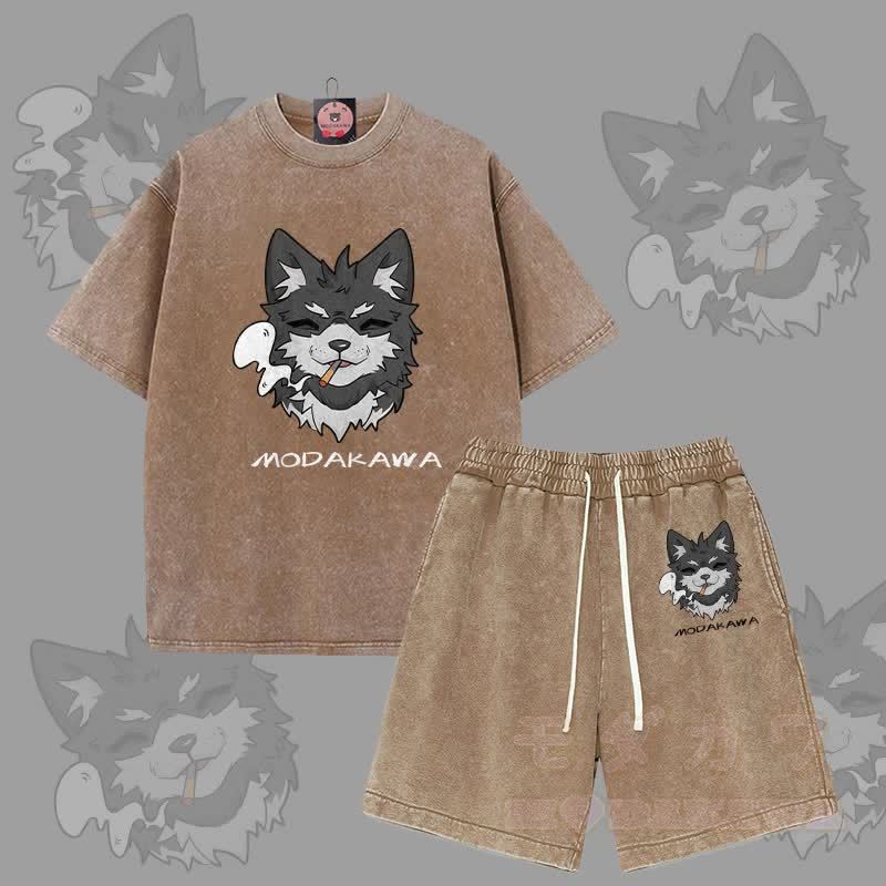 MODAKAWA Smoking Puppy Grafik Vintage Washed T-Shirt Shorts Zweiteiliges Set - Braun - 3XL - image 8