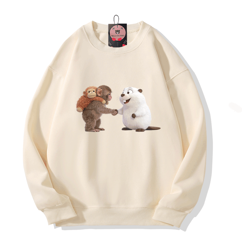 PUNCH Handshake Monkey Pufferfish Graphic Modakawa Sweatshirt - Beige - 5XL - image 5