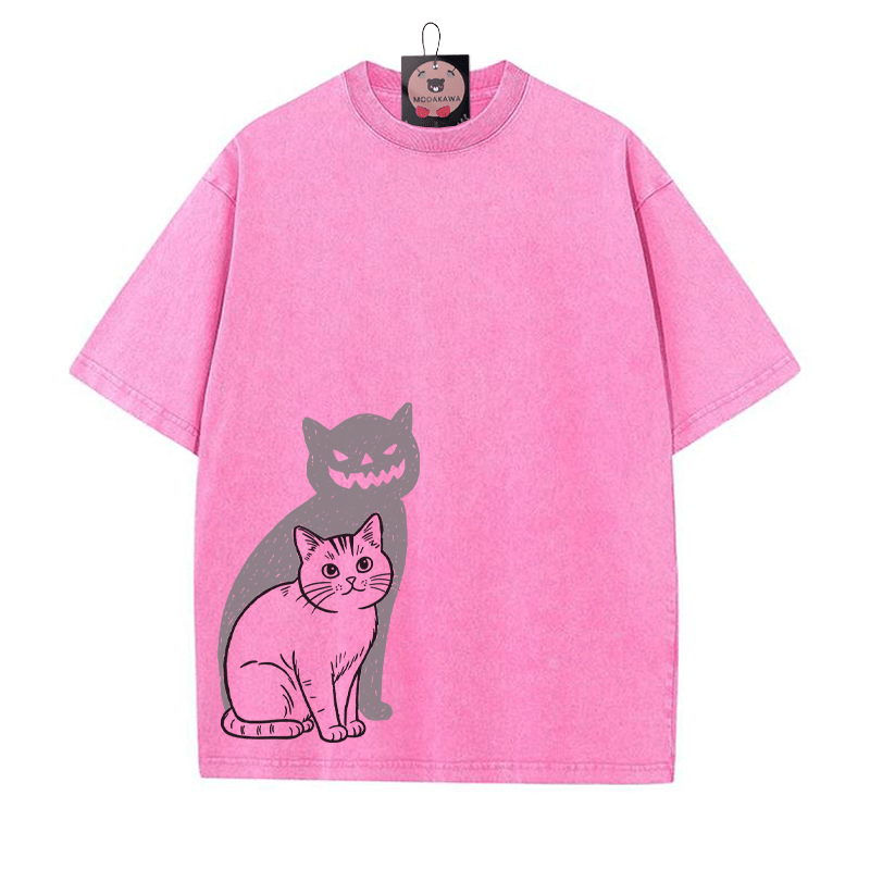 Katze Kürbis Schatten Halloween Grafik Unisex Vintage Washed T-Shirt - Rosenrot - 5XL - image 7