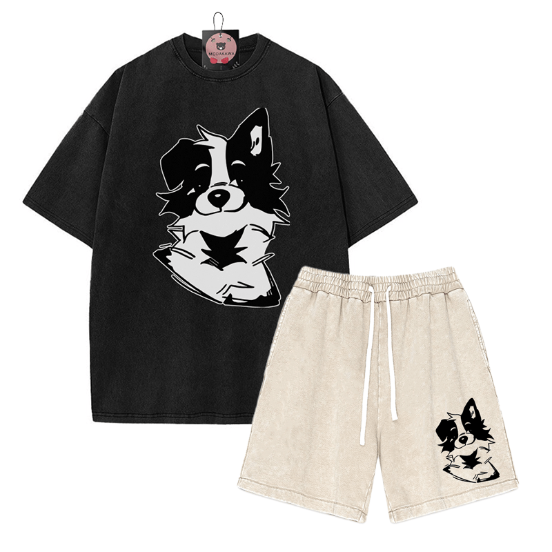 Zweiteiliges Set mit T-Shirt mit flauschiger Welpengrafik und verwaschenen Vintage-Shorts - Black&Apricot - 3XL - image 6