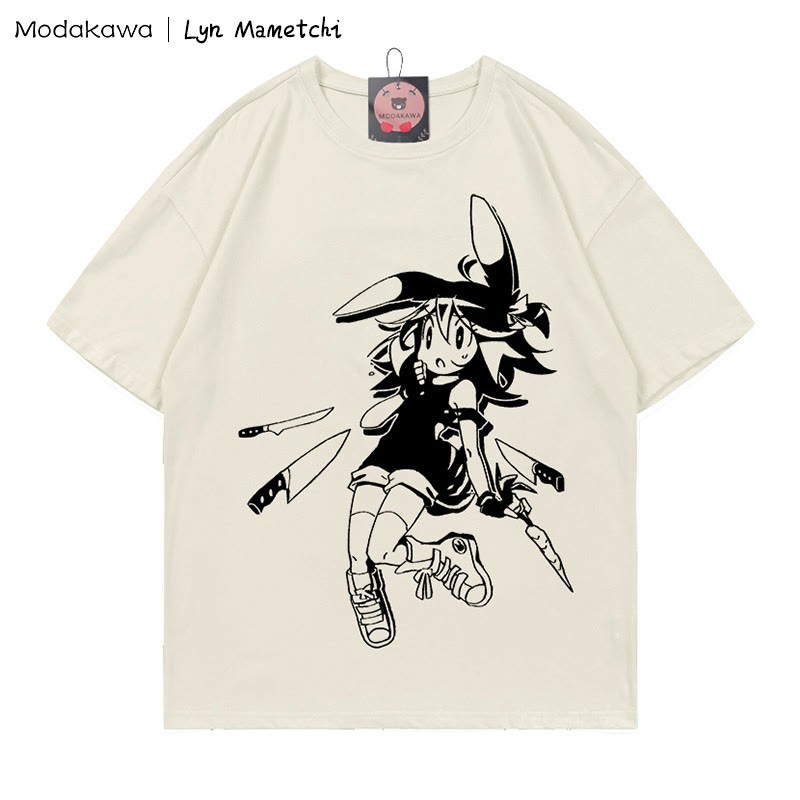 MODAKAWA X Lyn Mametchi T-Shirt mit „Knives Fly Toward Girl“-Print - Beige - 5XL - image 4