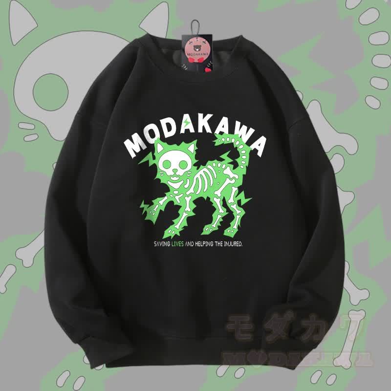 MODAKAWA Unisex-Sweatshirt mit elektrisiertem Skelettkatzen-Motiv - Schwarz B - 5XL - image 5