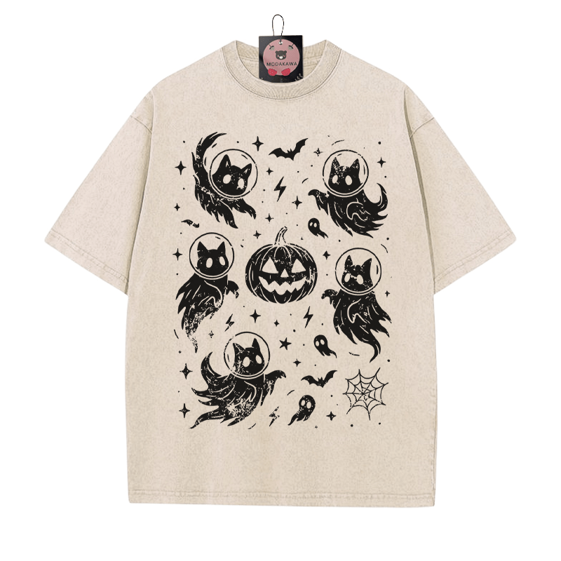 Geisterhaftes Katzenkürbis-Grafik-Unisex-Vintage-Washed-T-Shirt - Aprikose - 5XL - image 4