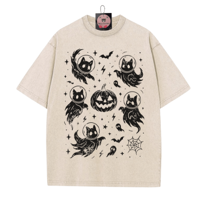 Geisterhaftes Katzenkürbis-Grafik-Unisex-Vintage-Washed-T-Shirt - Aprikose - 5XL - image 4