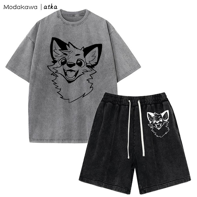 MODAKAWA X atka Fox T-Shirt Vintage Washed Shorts Zweiteiliges Set - Grey&Black - 3XL - image 7