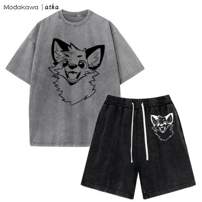 MODAKAWA X atka Fox T-Shirt Vintage Washed Shorts Zweiteiliges Set - Grey&Black - 3XL - image 7