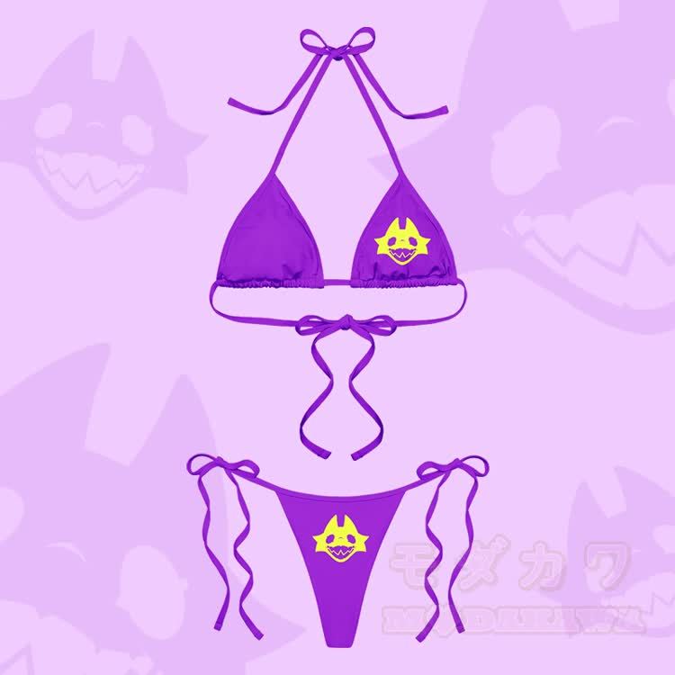 MODAKAWA X TiramisuRat Rat Face Graphic Damen-Bikini-Set mit Streifen und Bindebändern, zweiteilig - Lila - 4XL - image 6