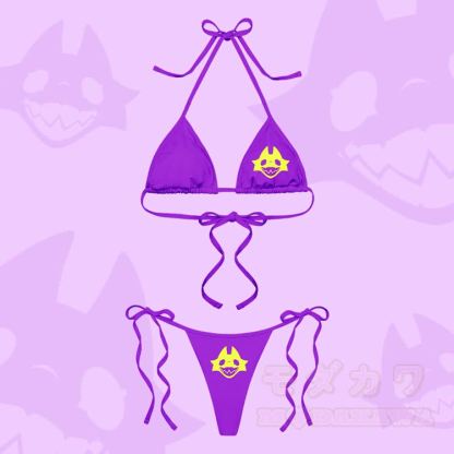 MODAKAWA X TiramisuRat Rat Face Graphic Damen-Bikini-Set mit Streifen und Bindebändern, zweiteilig - Lila - 4XL - image 6