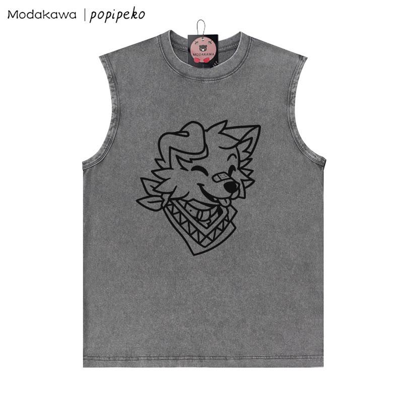 Lächelndes Welpe Bandana Grafik Unisex Vintage gewaschenes ärmelloses T-Shirt - Grau - 2XL - image 3