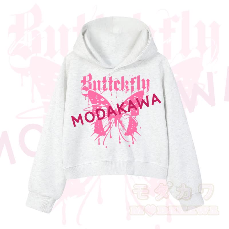 MODAKAWA Baumwoll-Hoodie mit Schmetterlingsmotiv (kurzer Schnitt) - Hellgrau - 3XL - image 8