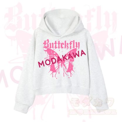 MODAKAWA Baumwoll-Hoodie mit Schmetterlingsmotiv (kurzer Schnitt) - Hellgrau - 3XL - image 8