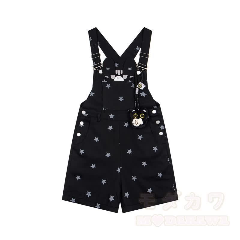 Kawaii-Katzen- und Sternenmuster-Jeans-Latzhose - Schwarz - XL - image 3