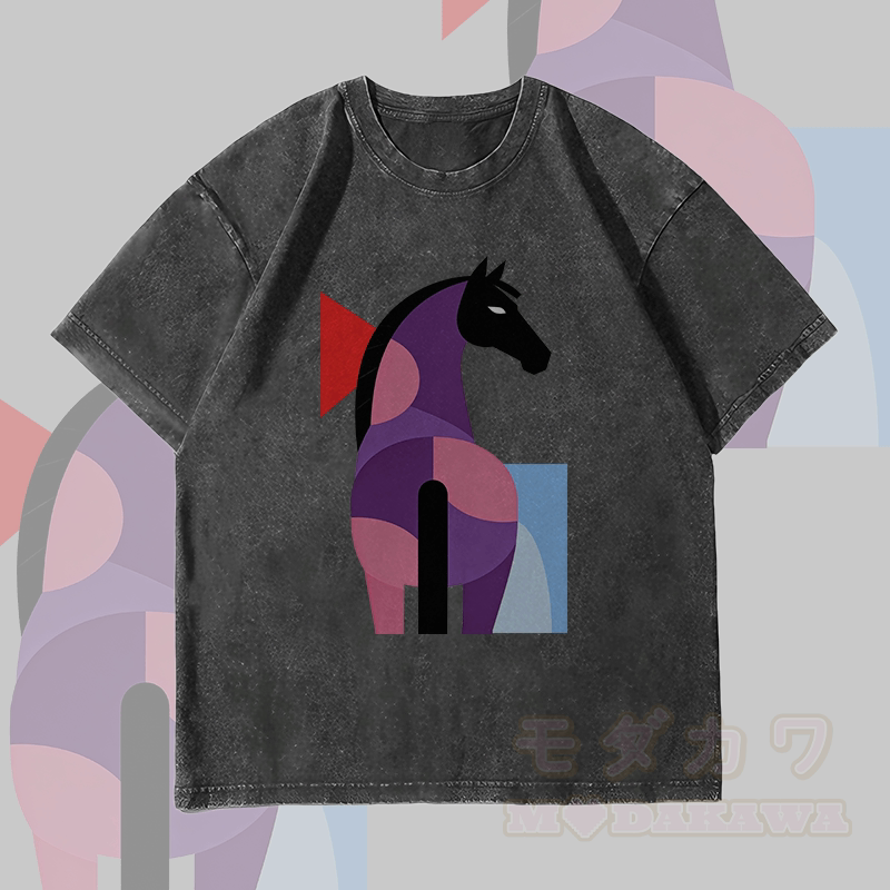 MODAKAWA Unisex-T-Shirt mit geometrischem Pferdemotiv im Vintage-Stil - Schwarz - 4XL - image 4