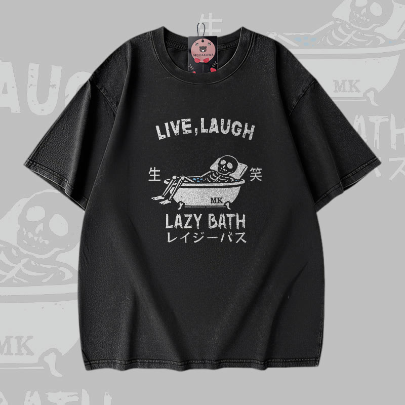LIVE LAUGH LAZY BATH Skelett-Grafik Modakawa Vintage Washed 100% Cotton T-Shirt - Black - 5XL - image 2