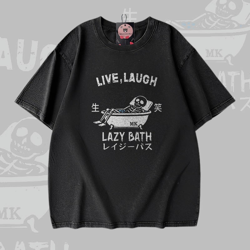 LIVE LAUGH LAZY BATH Skelett-Grafik Modakawa Vintage Washed 100% Cotton T-Shirt - Black - 5XL - image 2