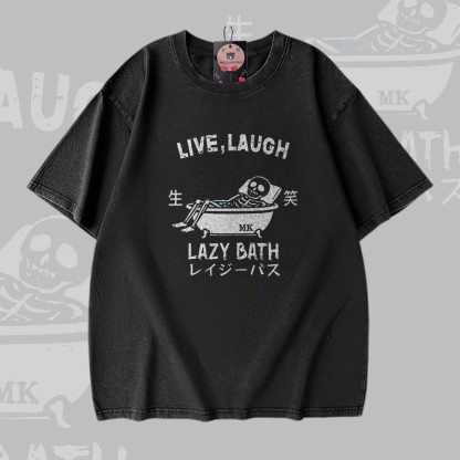 LIVE LAUGH LAZY BATH Skelett-Grafik Modakawa Vintage Washed 100% Cotton T-Shirt - Black - 5XL - image 2