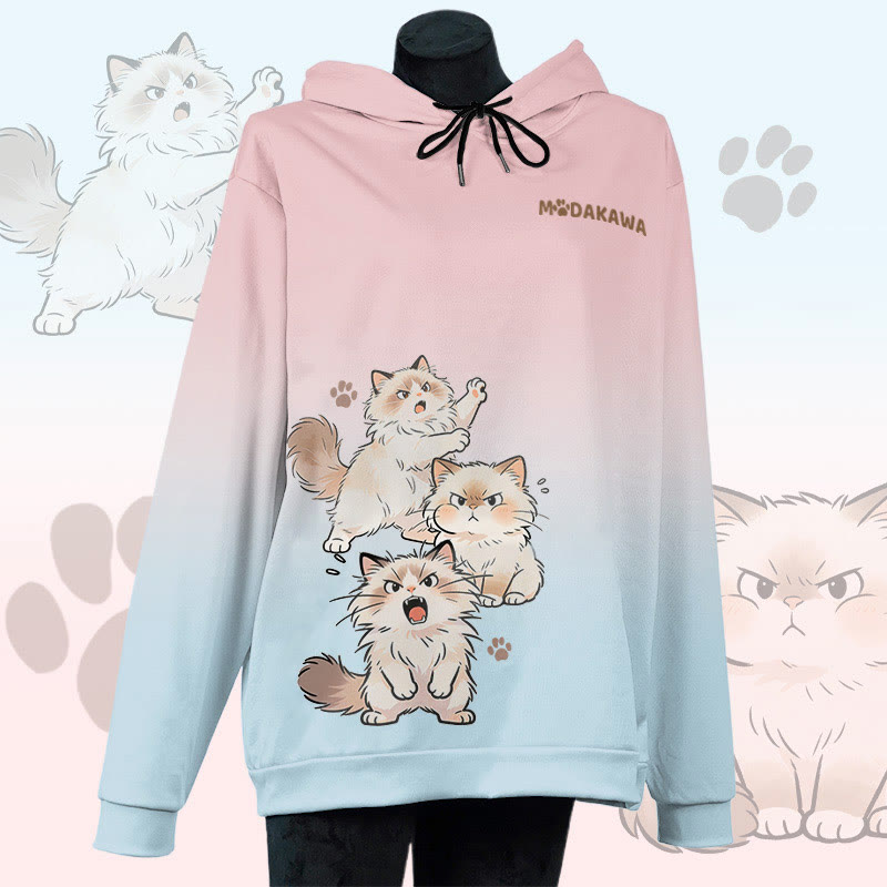 MODAKAWA Pullover-Hoodie mit Allover-Print einer wütenden Katze - Pink&Blue - 6XL - image 4