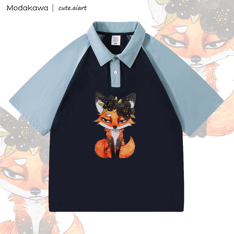 MODAKAWA X cute.aiart Floral Fox Graphic 100% Cotton POLO T-Shirt - Blue & Purplish Blue - 4XL - image 2
