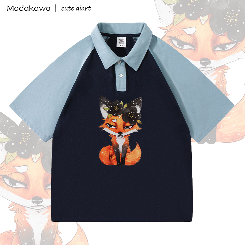 MODAKAWA X cute.aiart Floral Fox Graphic 100% Cotton POLO T-Shirt - Blue & Purplish Blue - 4XL - image 2