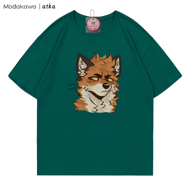 MODAKAWA X atka T-Shirt mit frechem Fuchsgesicht-Grafik - Olive Green - 5XL - image 3