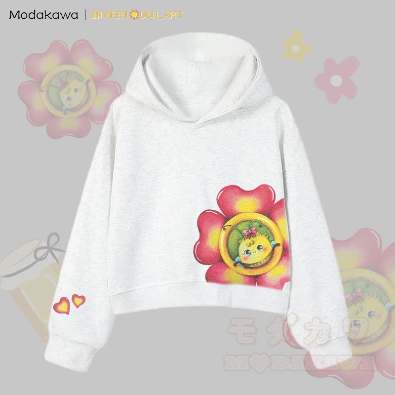 MODAKAWA X INVERTOUCH_ART Flower Bee Graphic Modakawa Cropped Cotton Hoodie - Grau A - 3XL - image 13