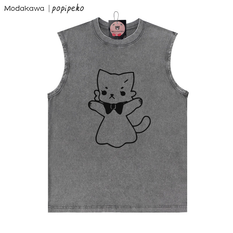 Open Arms Kitty Grafik Unisex Vintage gewaschenes ärmelloses T-Shirt - Grau - 2XL - image 4