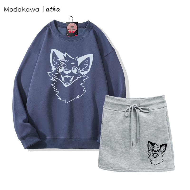 MODAKAWA X atka Verspieltes Fuchs-Grafik-Sweatshirt und A-Linien-Rock mit Kordelzug, zweiteiliges Set - Lavender Blue&Grey - 2XL - image 3