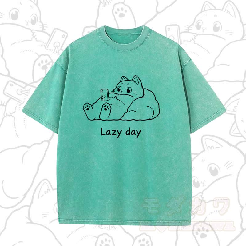 MODAKAWA LAZY DAY Kurzarm-T-Shirt mit niedlichem Katzenprint - Grün A - 5XL - image 6