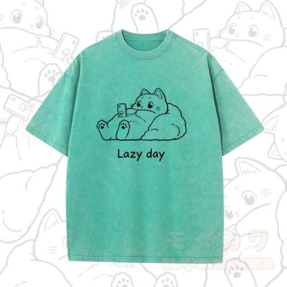 MODAKAWA LAZY DAY Kurzarm-T-Shirt mit niedlichem Katzenprint - Grün A - 5XL - image 6