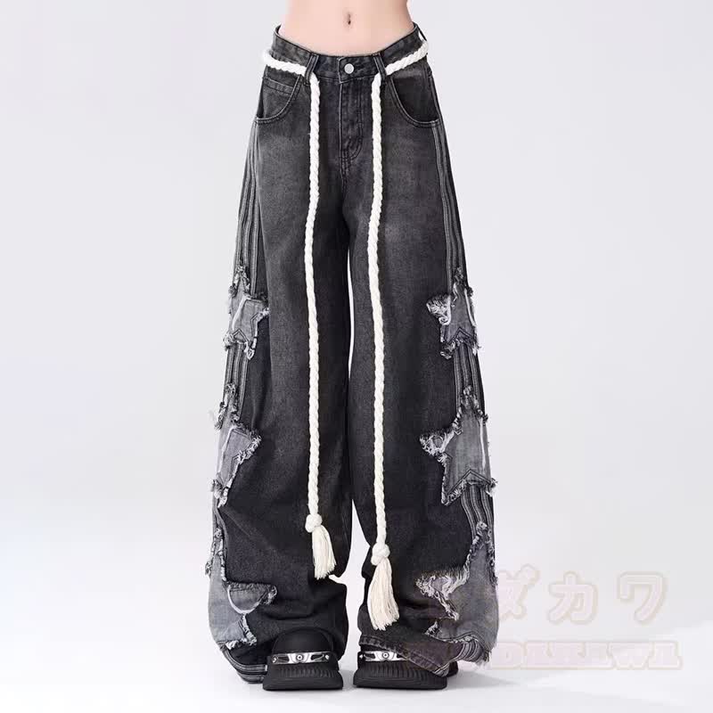 Y2K-Zweiteiler: Schulterfreies Top mit Cut-Outs und lockerer Silhouette, Hose mit Sternenmuster - Schwarze Hose - 3XL - image 4