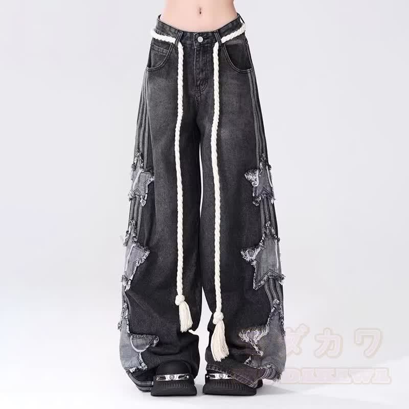 Y2K-Zweiteiler: Schulterfreies Top mit Cut-Outs und lockerer Silhouette, Hose mit Sternenmuster - Schwarze Hose - 3XL - image 4
