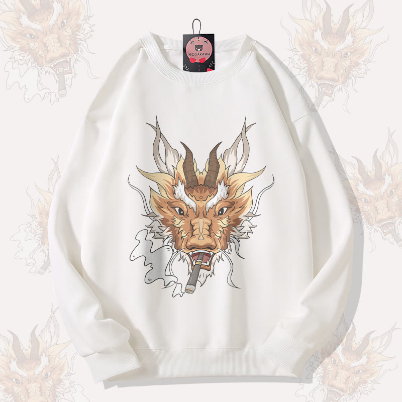 MODAKAWA Smoking Dragon Grafik Unisex Sweatshirt - White - 5XL - image 3
