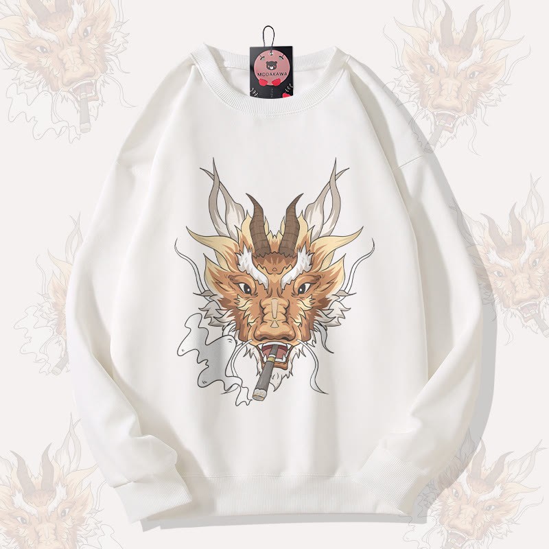 MODAKAWA Smoking Dragon Grafik Unisex Sweatshirt - White - 5XL - image 3