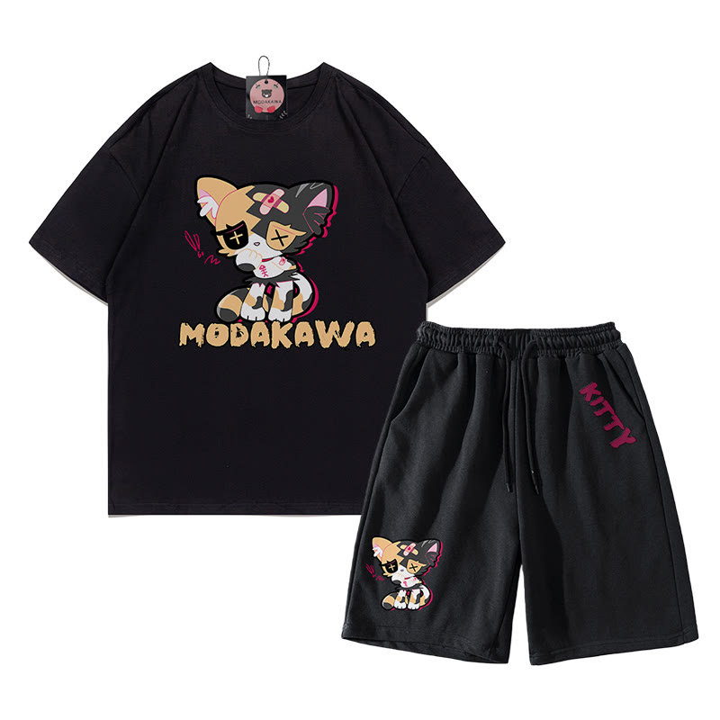 Sad Kitty Grafik Dark Aesthetic T-Shirt Shorts Zweiteiliges Set - Schwarz - B - 5XL - image 14