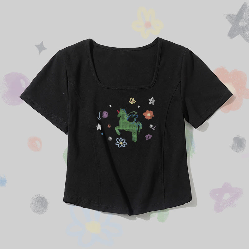 Modakawa T-Shirt mit fliegendem Einhorn-Modifikator und quadratischem Halsausschnitt - Black - 2XL - image 2