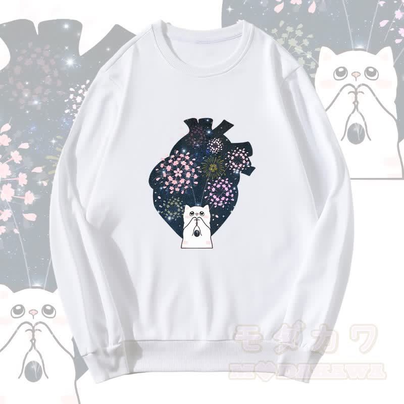 MODAKAWA Healing Cat Fireworks Heart Graphic Unisex Sweatshirt - Weiß - 5XL - image 3