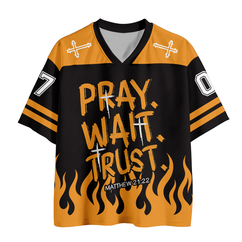 BETEN WARTEN VERTRAUEN Kreuz Feuer Nummer Grafik Vintage Mesh Jersey T-Shirt - image 2