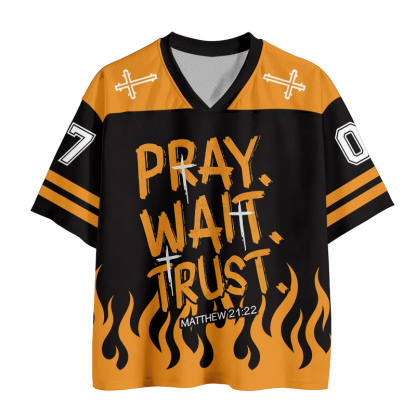 BETEN WARTEN VERTRAUEN Kreuz Feuer Nummer Grafik Vintage Mesh Jersey T-Shirt - image 2