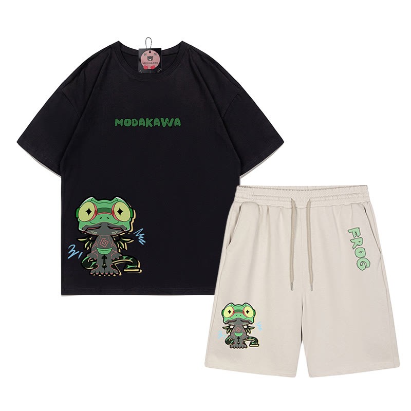 Lustiges T-Shirt mit Frosch-Grafik und dunkler Ästhetik, zweiteiliges Set - Schwarz&Aprikose - B - 5XL - image 14