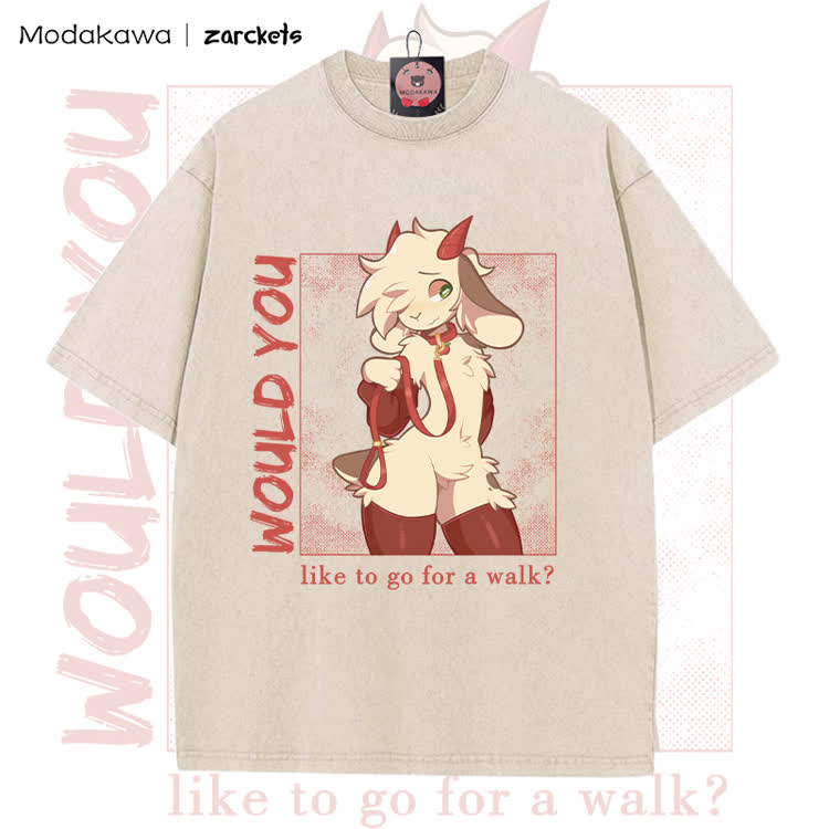 MODAKAWA X zarckets WOULD YOU Ziegen-Charakter-Grafik Vintage Washed T-Shirt - Apricot B - 5XL - image 4