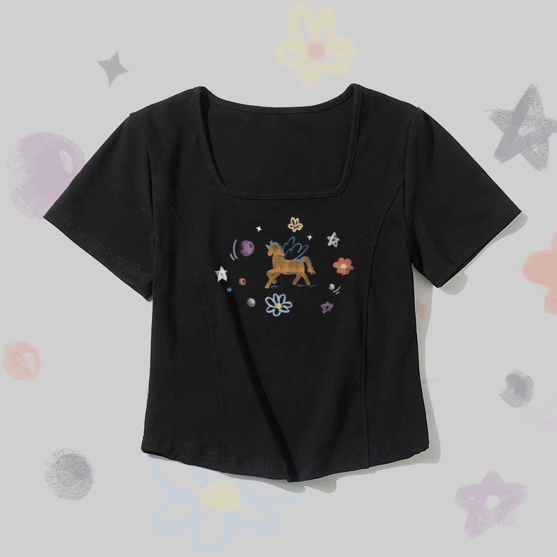 Modakawa T-Shirt mit geflügeltem Einhorn-Motiv und quadratischem Halsausschnitt - Black - 2XL - image 1