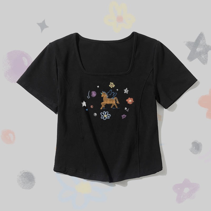 Modakawa T-Shirt mit geflügeltem Einhorn-Motiv und quadratischem Halsausschnitt - Black - 2XL - image 1