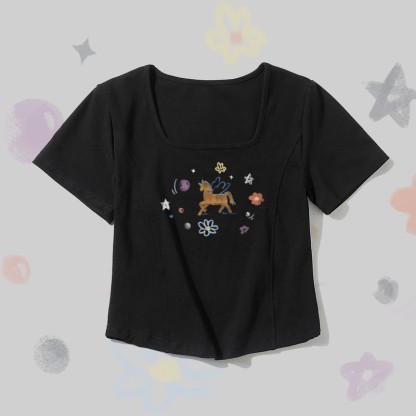 Modakawa T-Shirt mit geflügeltem Einhorn-Motiv und quadratischem Halsausschnitt - Black - 2XL - image 1