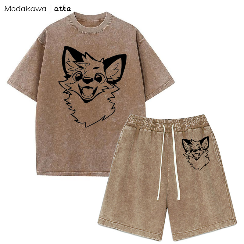 MODAKAWA X atka Fox T-Shirt Vintage Washed Shorts Zweiteiliges Set - Brown - 3XL - image 13