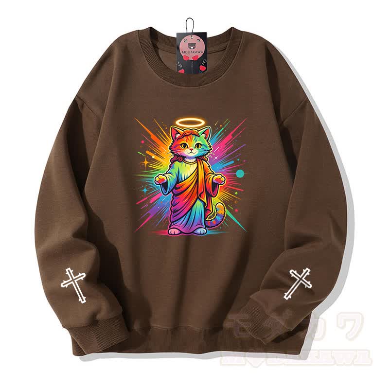 Modakawa Sweatshirt mit Regenbogen-Engel-Katzenkreuz-Grafik - Braun - 5XL - image 5
