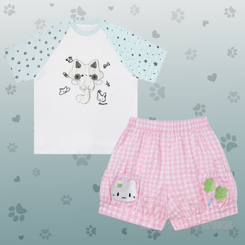 Raglan-T-Shirt mit Katzenmotiv, karierte Shorts und passendes Outfit von Modakawa - Satz C - L - image 3
